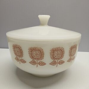 Vintage Federal Milk Glass Casserole Dish Sunflower Pattern Lidded 1960s 2.5 QT